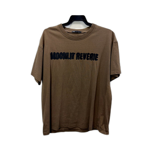 Zara Womens T-Shirt Graphic Text Print Pullover Sweatshirt in Tan Cotton, Size