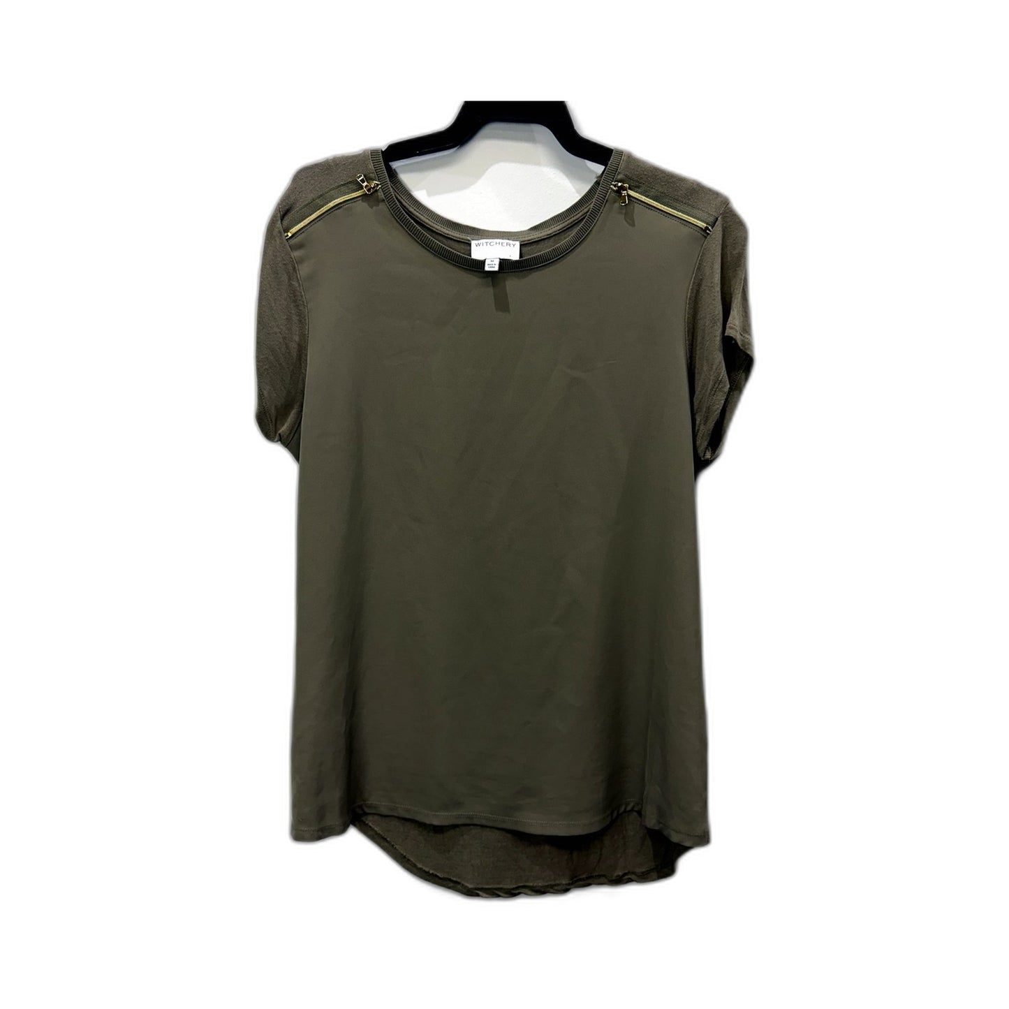 Witchery Womens Zip Shoulder Blouse Olive Green Casual Pullover Size M