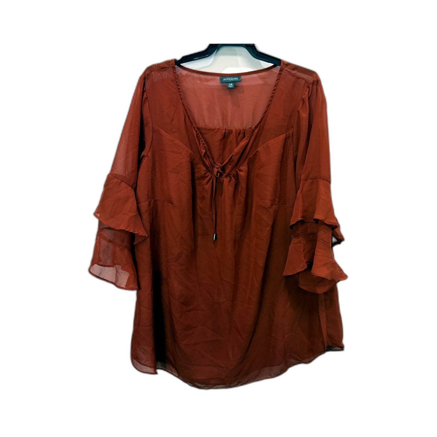 Autograph Womens Ruffle Sleeve Tie Front Blouse in Rust, Size 14