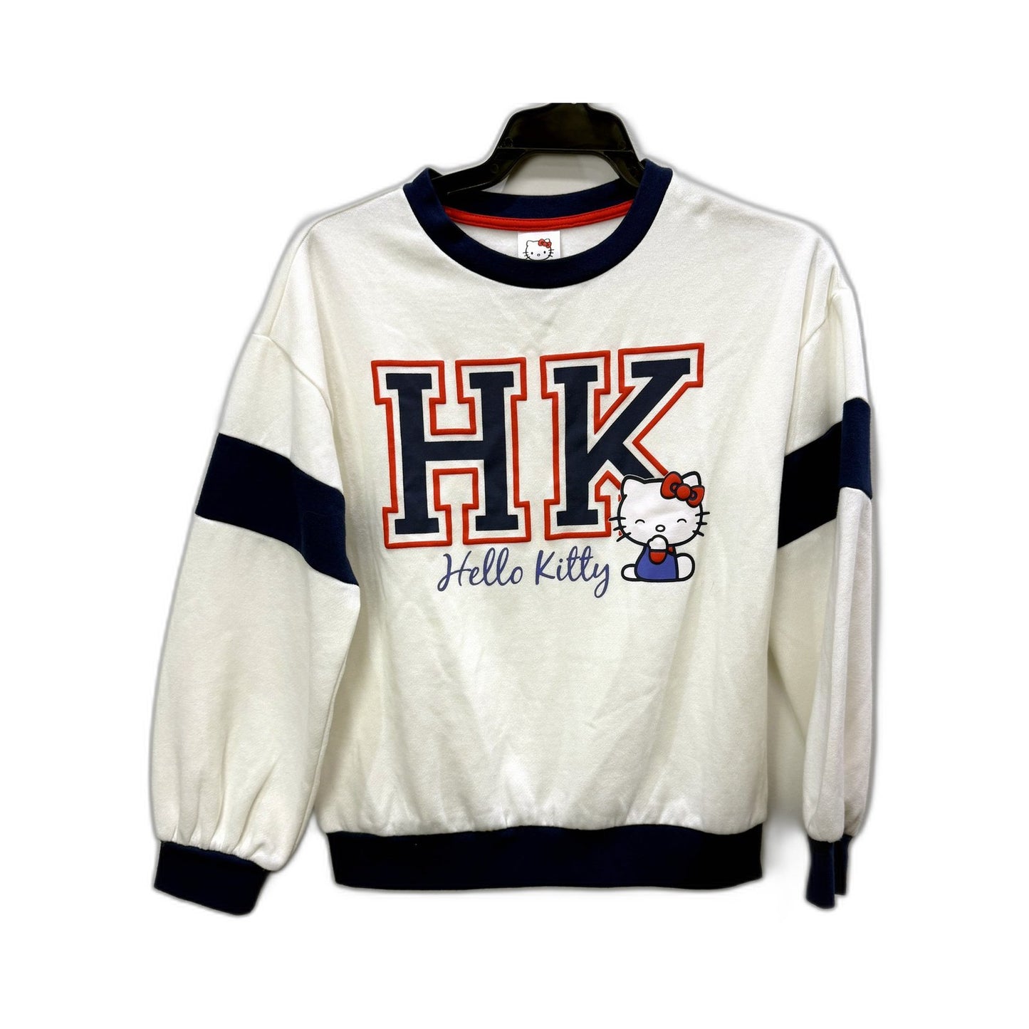 Hello Kitty Girls Pullover Sweatshirt White with Navy Blue Trim Size 10
