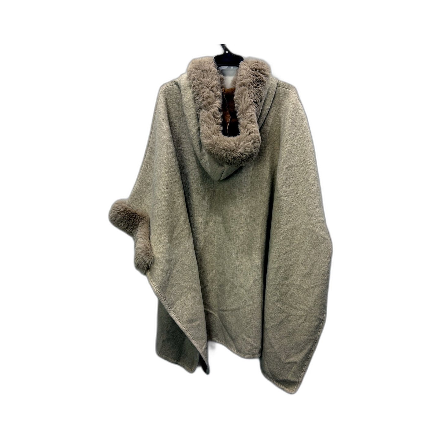 Hooded Wool Poncho Womens with Luxurious Beige Fur Trim, One Size