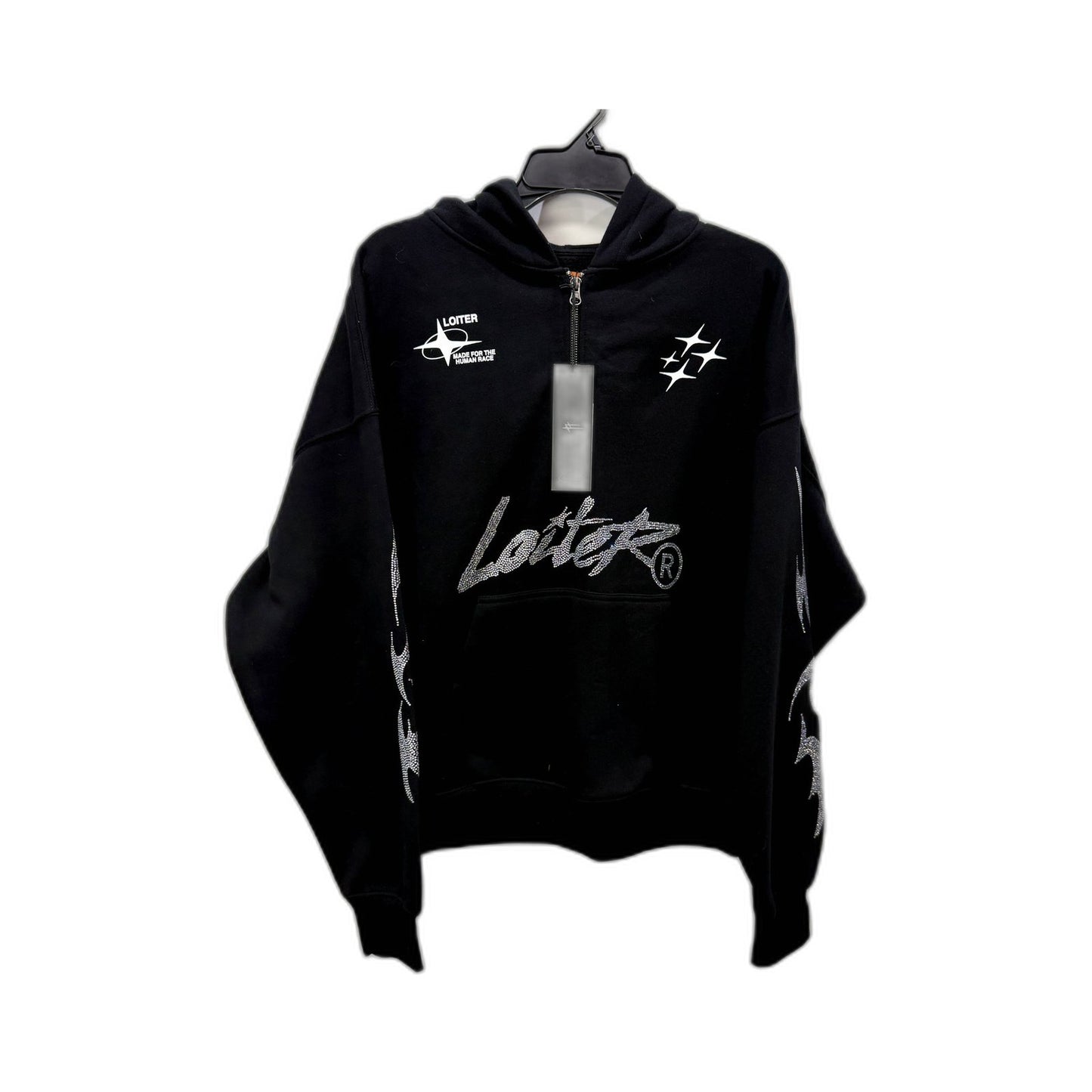Loiter Mens Pullover Hoodie with Rhinestone Embellishments Black Size M NEW
