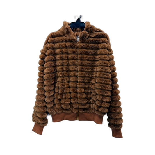 Zoe Moss Womens Faux Fur Bomber Jacket Tan Lightweight Outerwear Size XS NEW