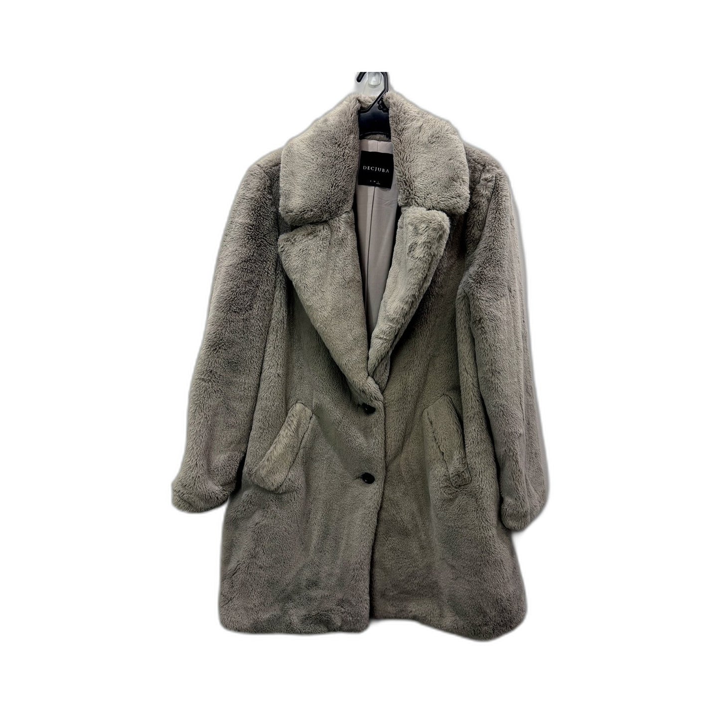 Decjuba Womens Oversized Faux Fur Coat with Gray Collar in Size L NEW