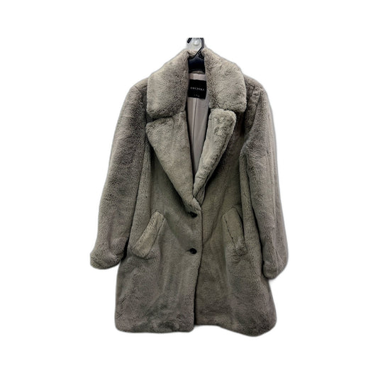 Decjuba Womens Oversized Faux Fur Coat with Gray Collar in Size L NEW