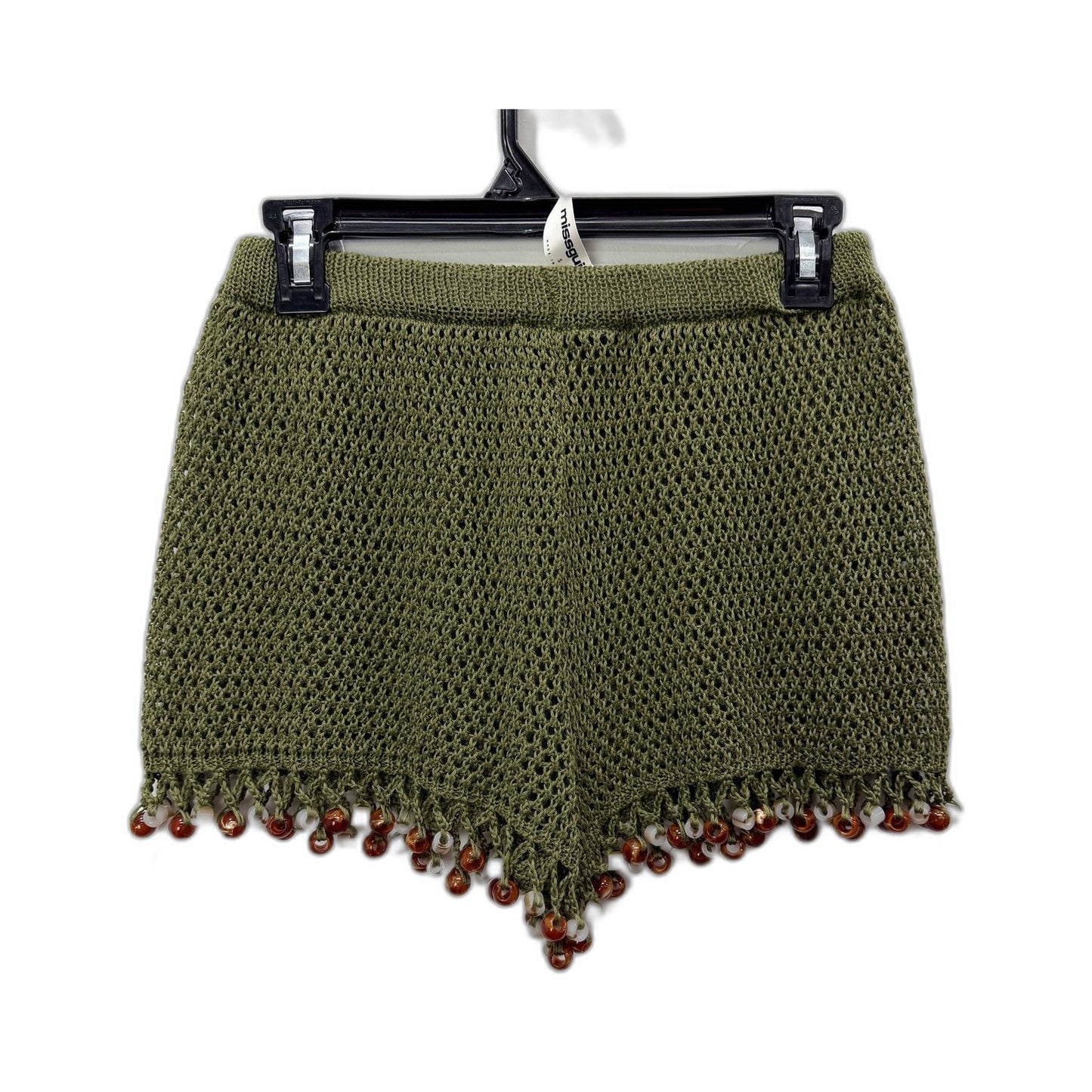 Missguided Womens Crochet Knit Shorts Olive Green Beaded Casual Size Small NEW