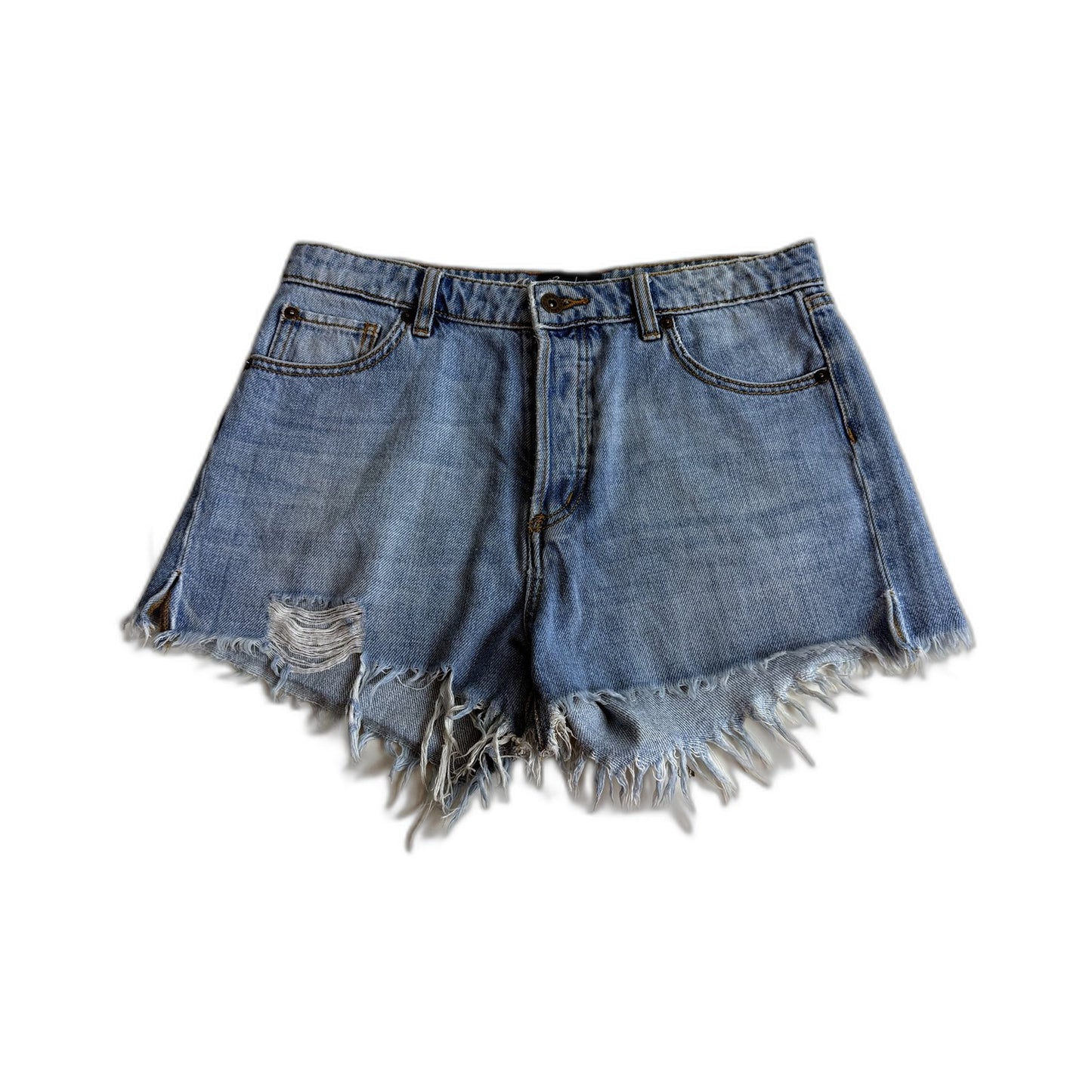 Bardot Womens Distressed Light Blue Denim Shorts with Frayed Hem, Size 12
