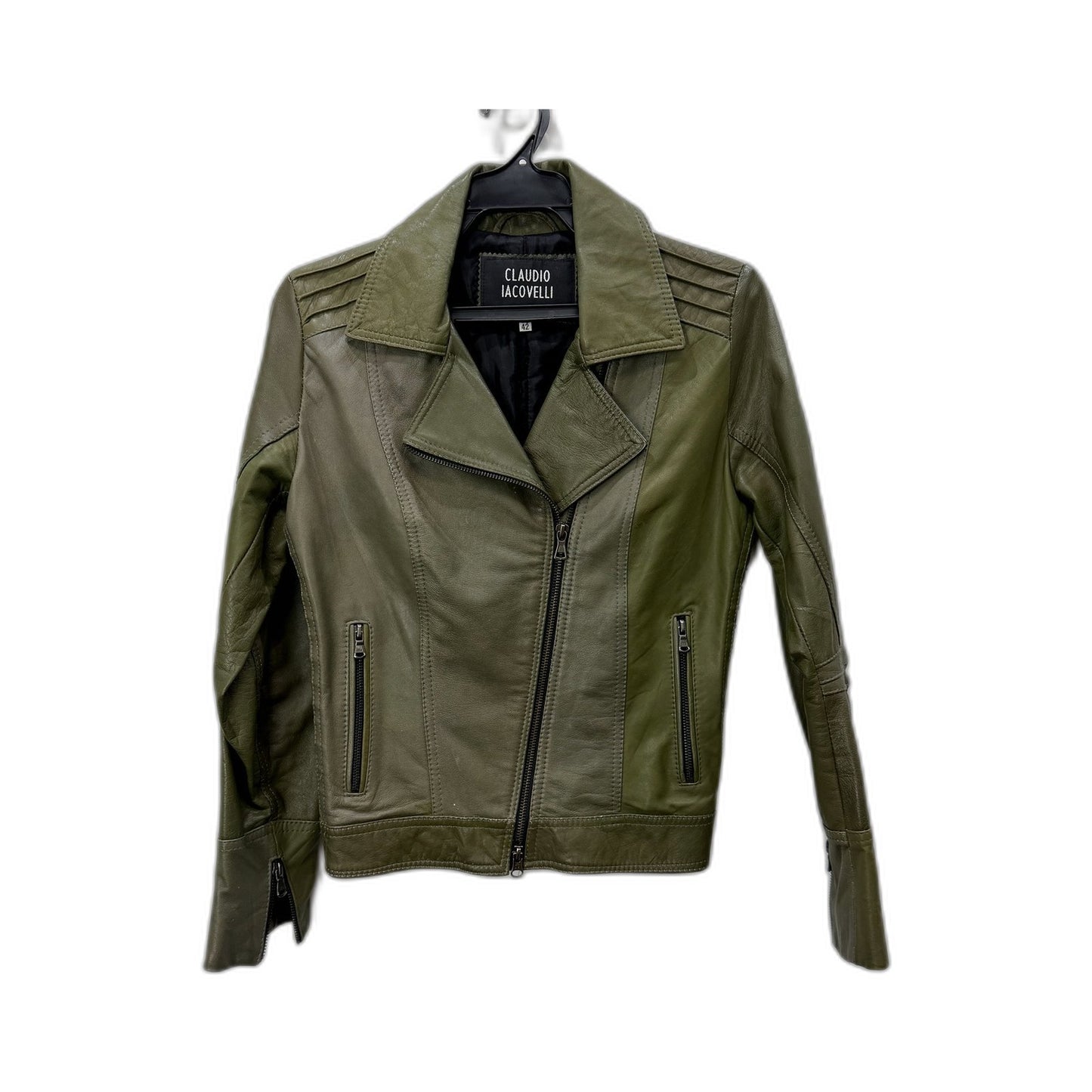 Claudio Iacovelli Womens Faux Leather Distressed Green Jacket Size 42