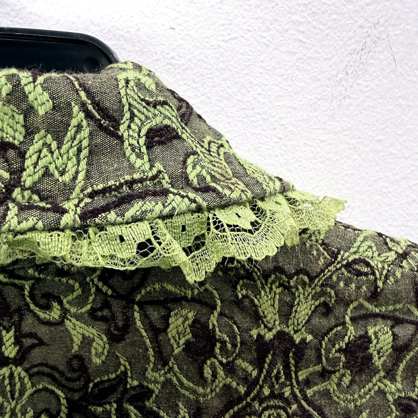 Caroline Morgan Womens Vintage Lace Trim Coat in Green & Black, Size Large