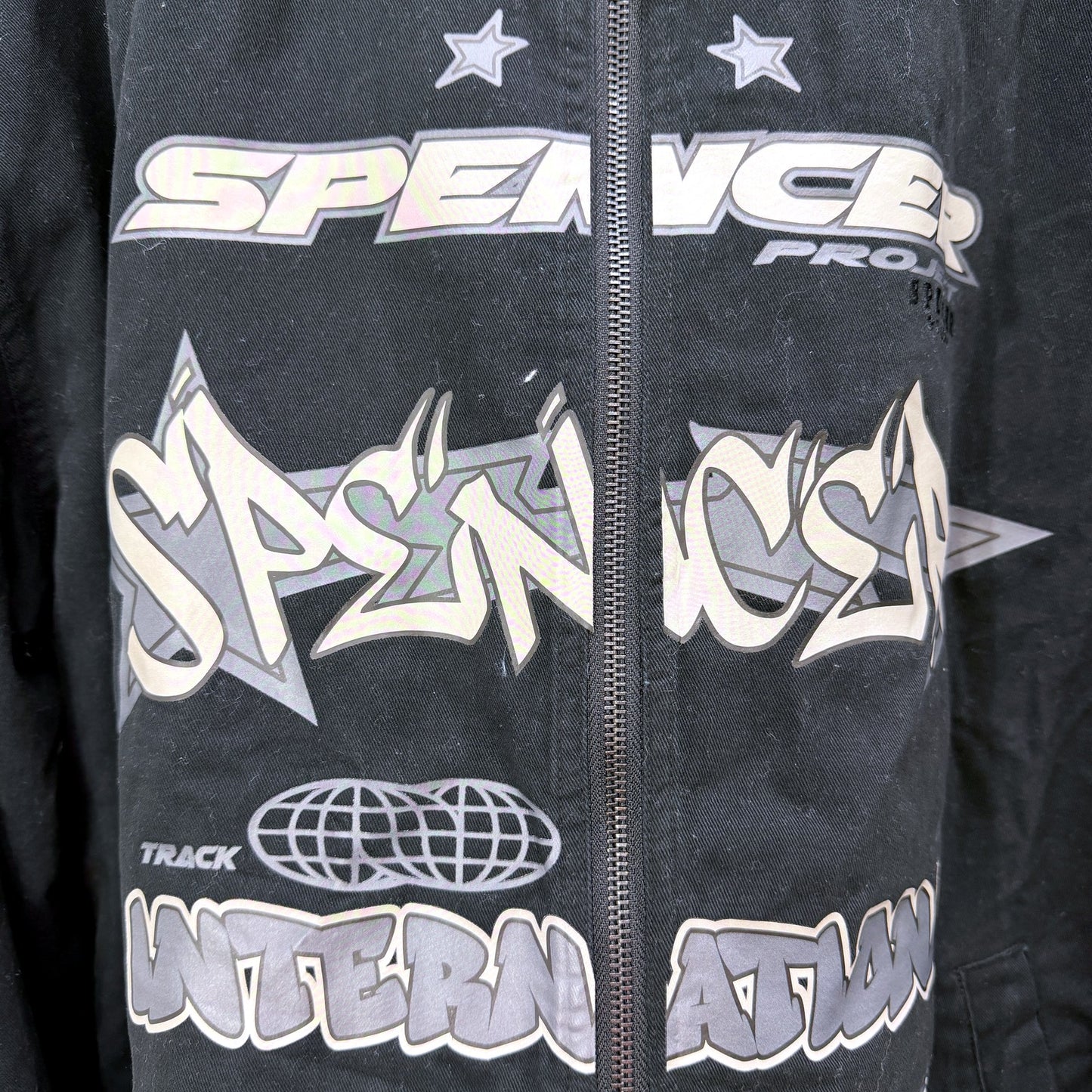 Spencer Project Mens Black Bomber Jacket Graphic Cotton Size L NEW