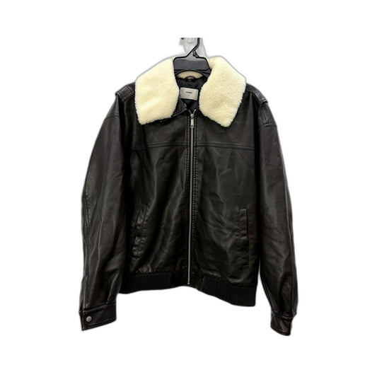 Arvust Mens Leather Bomber Jacket with Faux Fur Collar, Dark Brown, Size M NEW