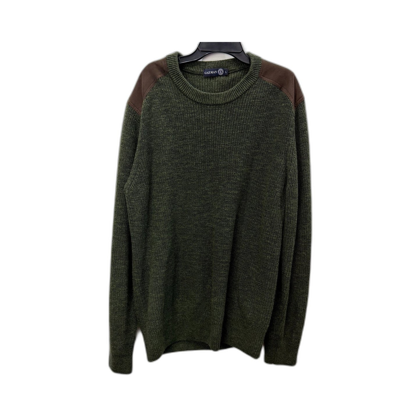 Gazman Mens Knit Crew Neck Jumper with Suede Shoulder Patches Olive Green NEW