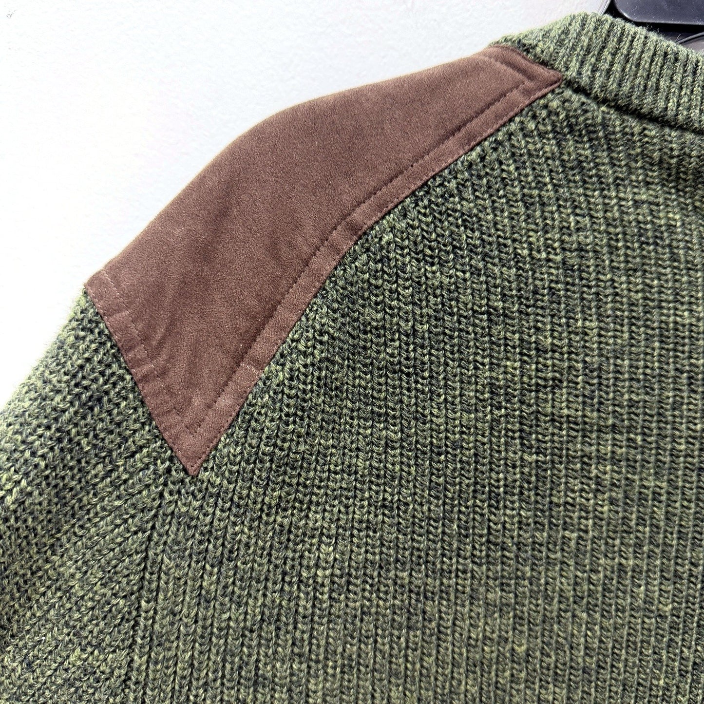 Gazman Mens Knit Crew Neck Jumper with Suede Shoulder Patches Olive Green NEW