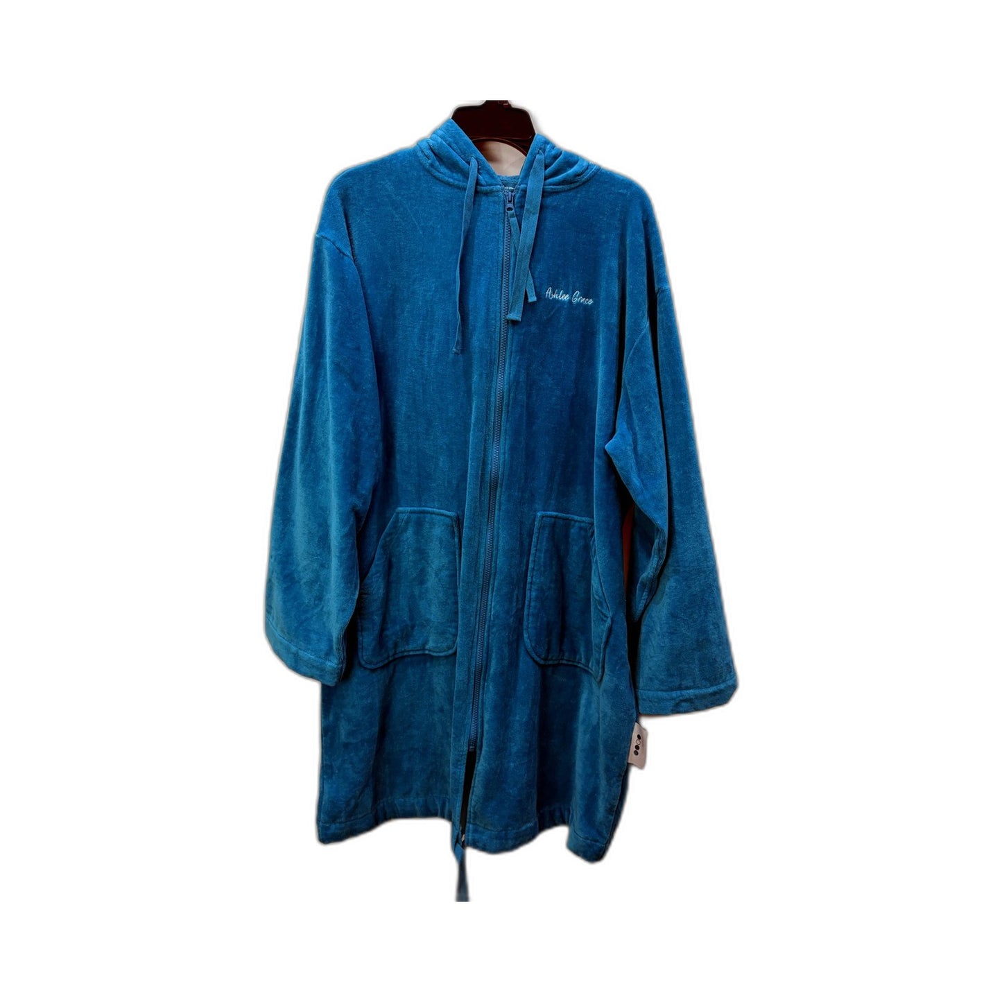 Ashlee Grace Unisex Luxe Hooded Zip-Up Towelling Swim Robe Aqua Size 4