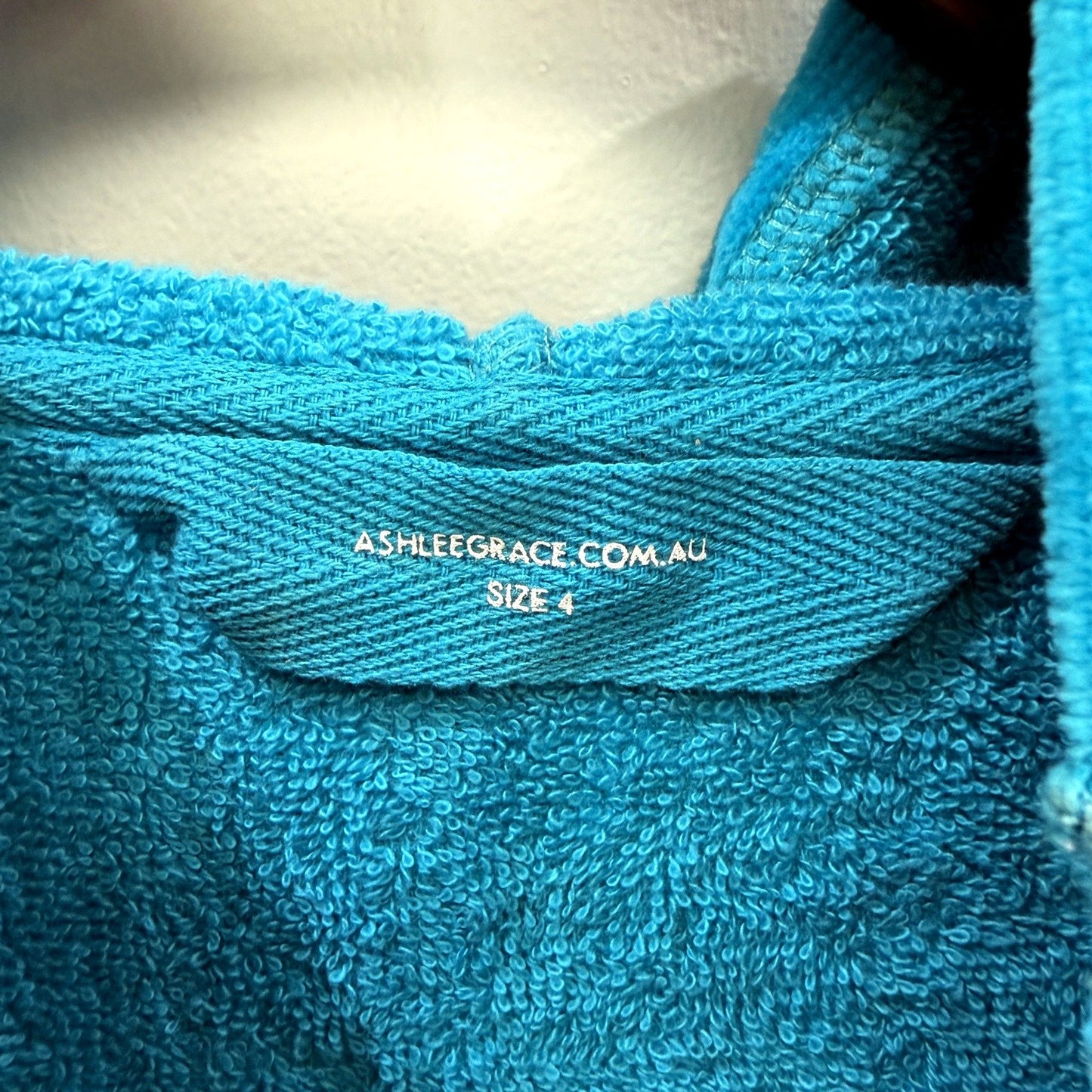 Ashlee Grace Unisex Luxe Hooded Zip-Up Towelling Swim Robe Aqua Size 4
