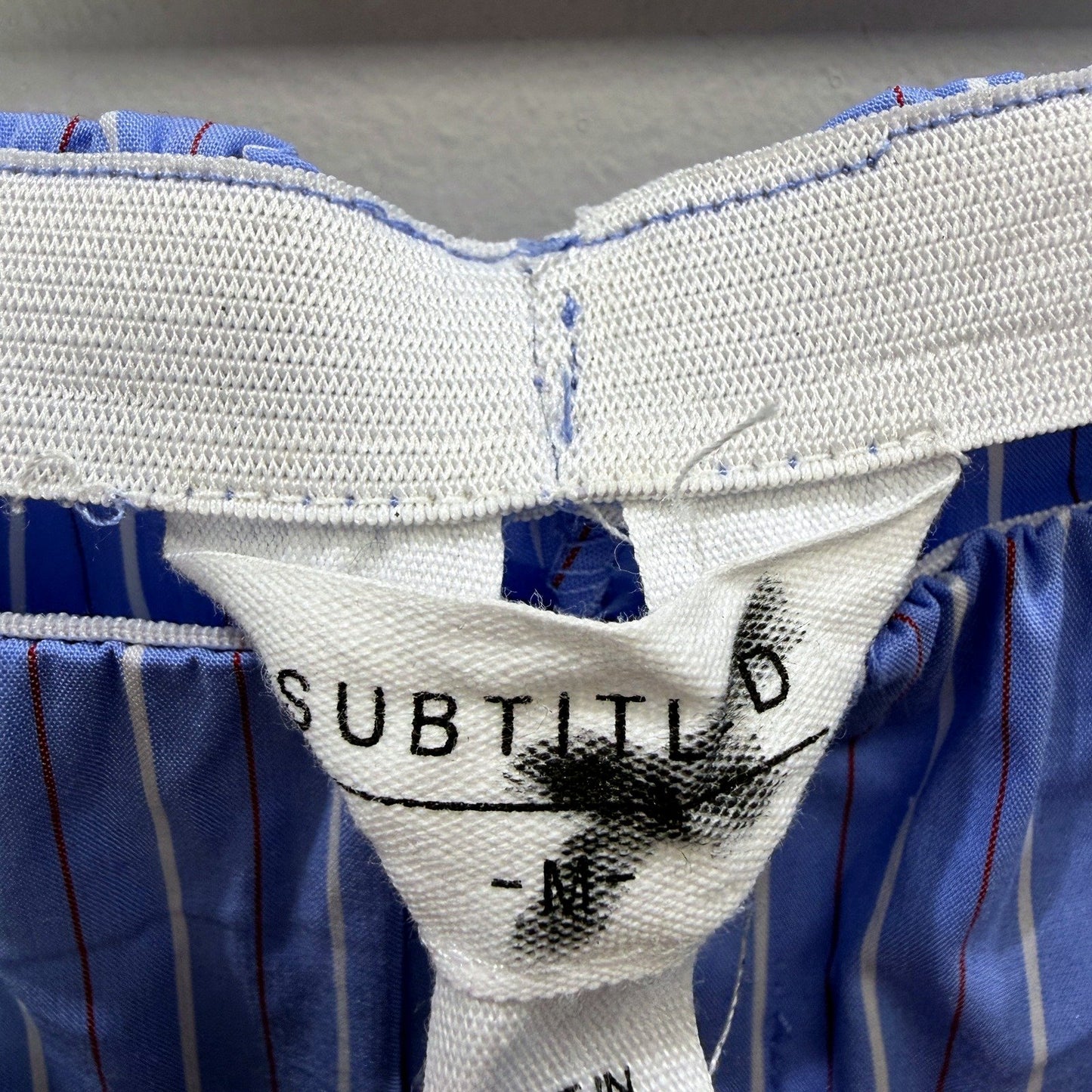 Subtitled Womens Striped Elastic Waist Pants Lace Seam Blue and White Size M