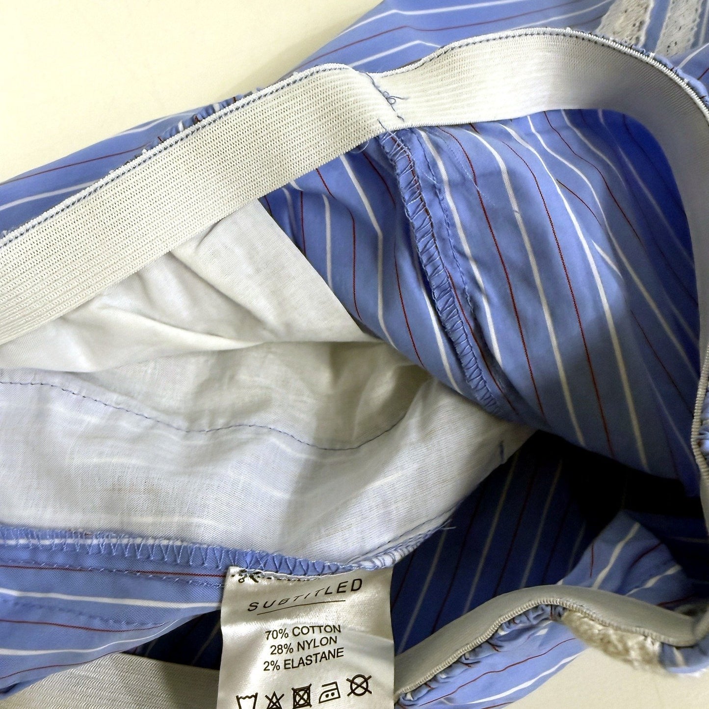 Subtitled Womens Striped Elastic Waist Pants Lace Seam Blue and White Size M