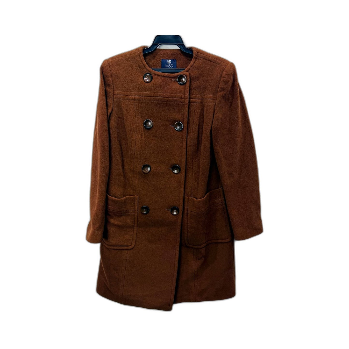 M&S Womens Double Breasted Brown Wool Coat - Size 8