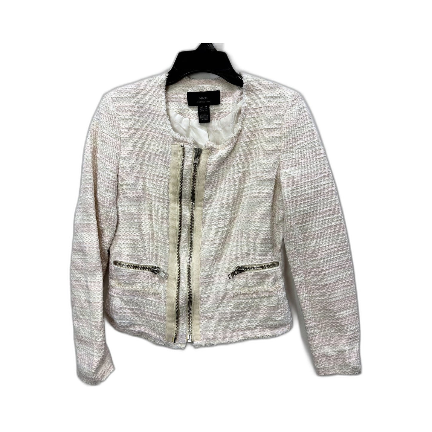 MNG Collection Womens Distressed Tweed Jacket in White and Pink, XS Size