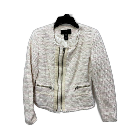 MNG Collection Womens Distressed Tweed Jacket in White and Pink, XS Size