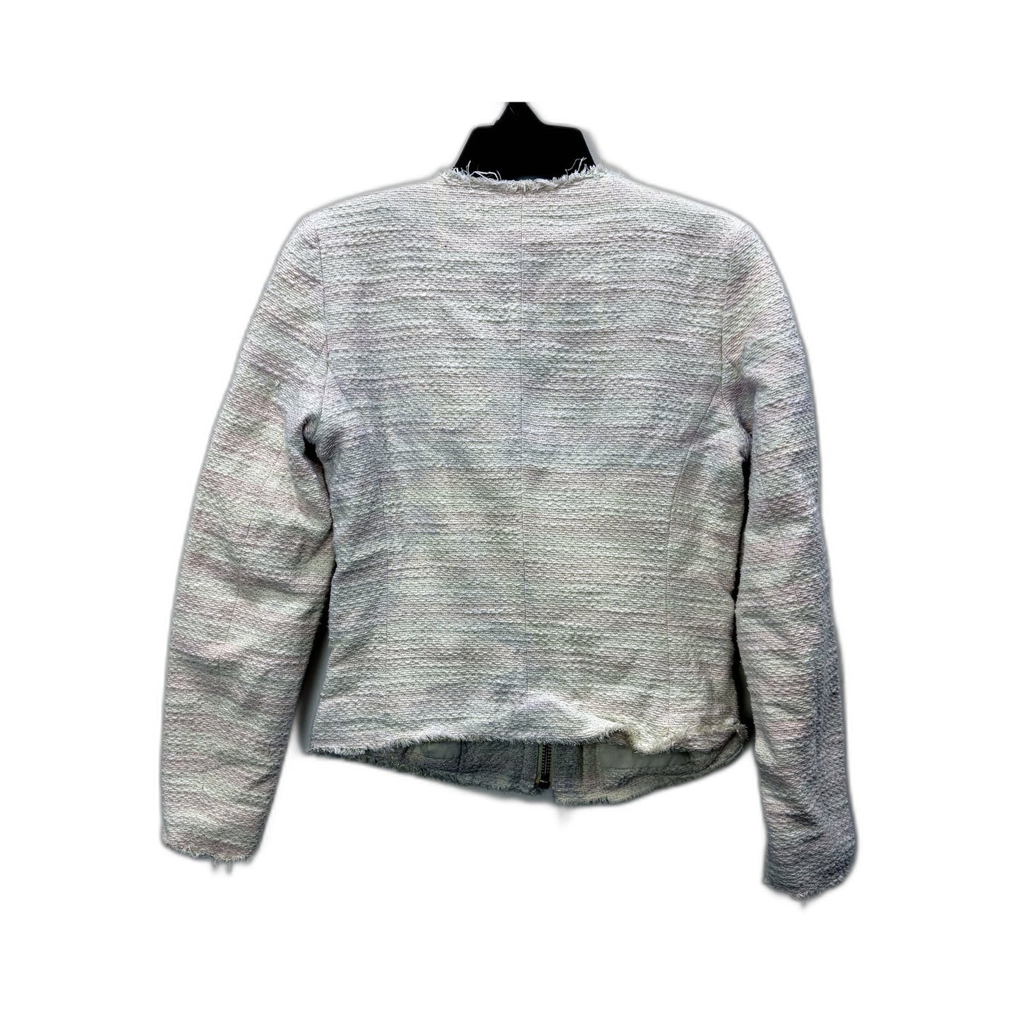 MNG Collection Womens Distressed Tweed Jacket in White and Pink, XS Size