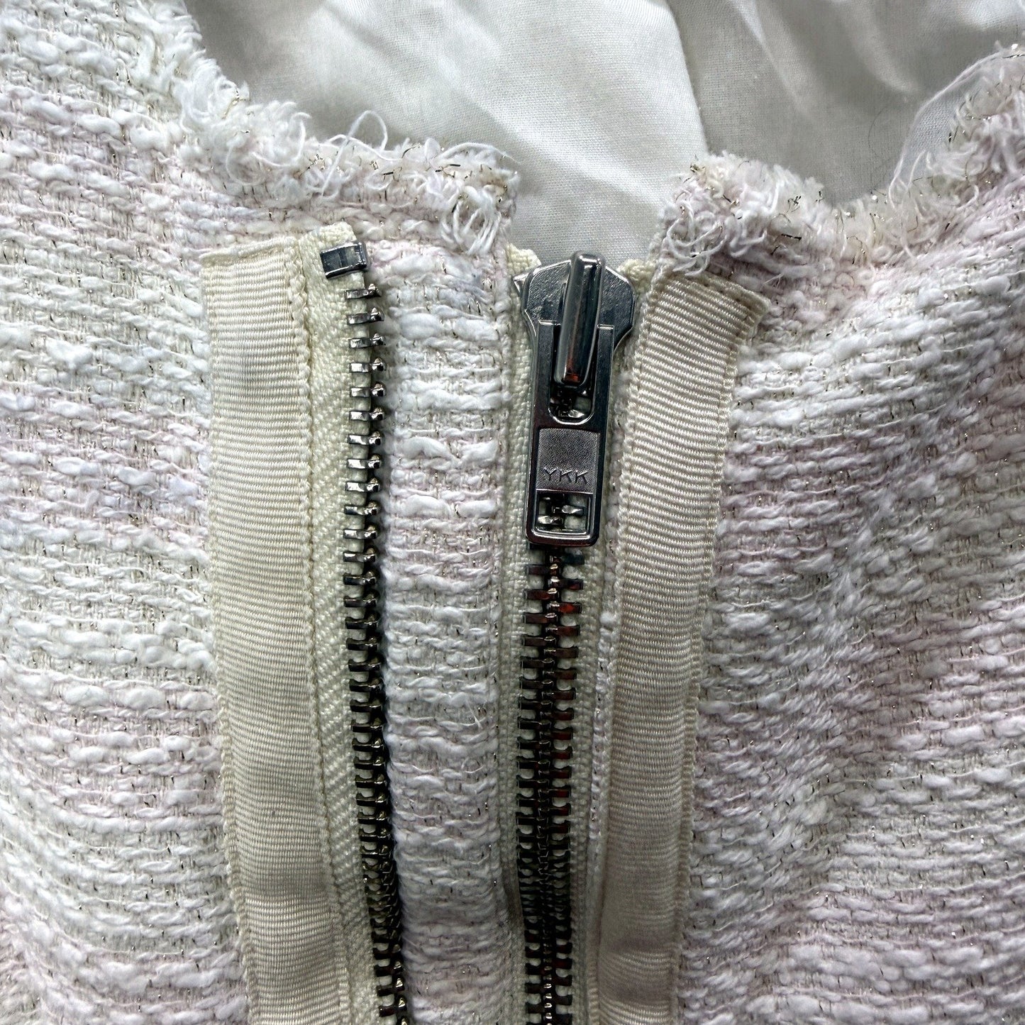MNG Collection Womens Distressed Tweed Jacket in White and Pink, XS Size