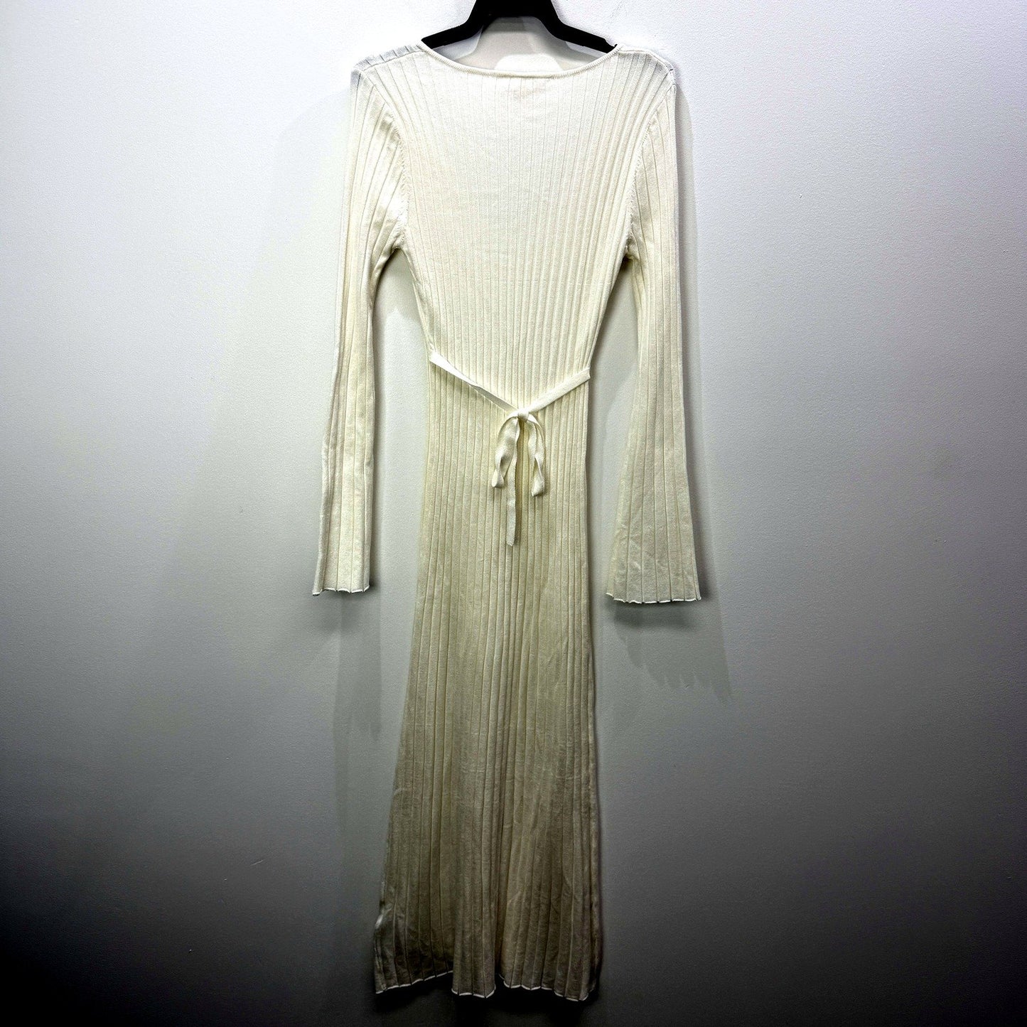 Subtitled Womens Ribbed Knit Maxi Dress Tie Waist Bell Sleeve Ivory Size XL NEW