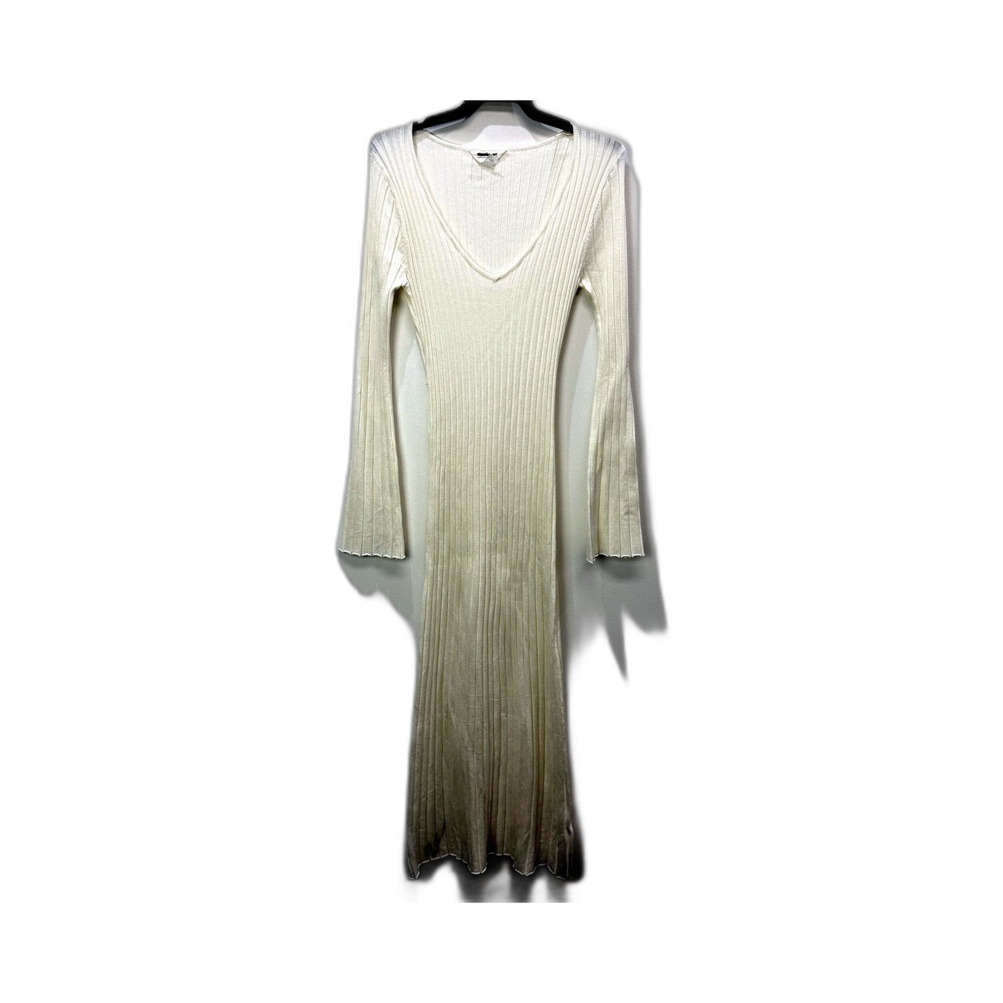 Subtitled Womens Ribbed Knit Maxi Dress V-Neck Tie Waist Viscose Ivory Size NEW
