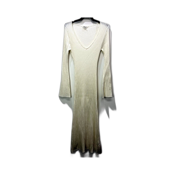 Subtitled Womens Ribbed Knit Maxi Dress V-Neck Tie Waist Viscose Ivory Size NEW