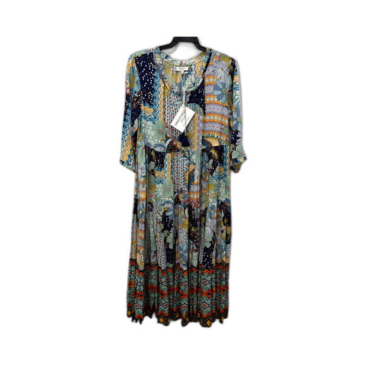 Orientique Womens Boho Midi Dress with Multi-Color Print, Size 12 NEW