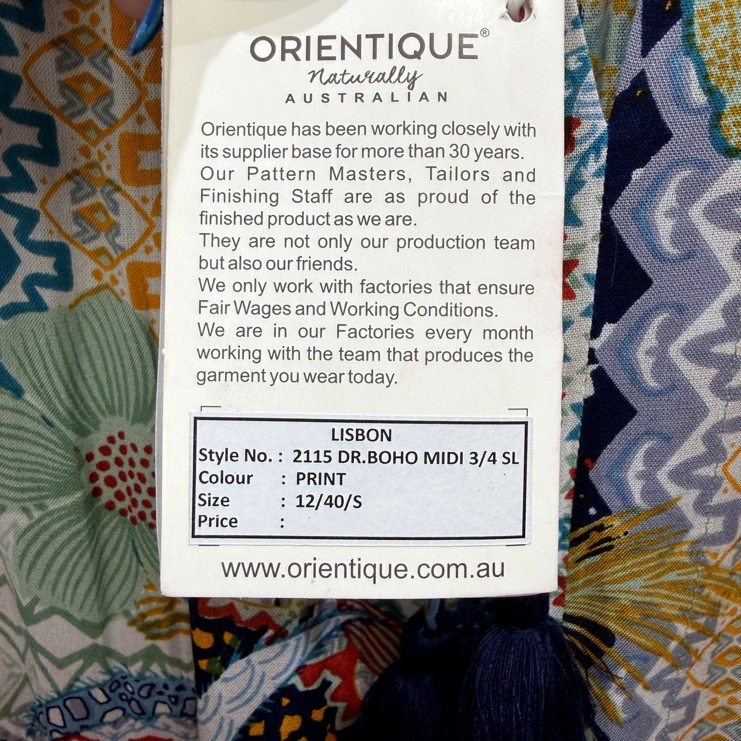 Orientique Womens Boho Midi Dress with Multi-Color Print, Size 12 NEW