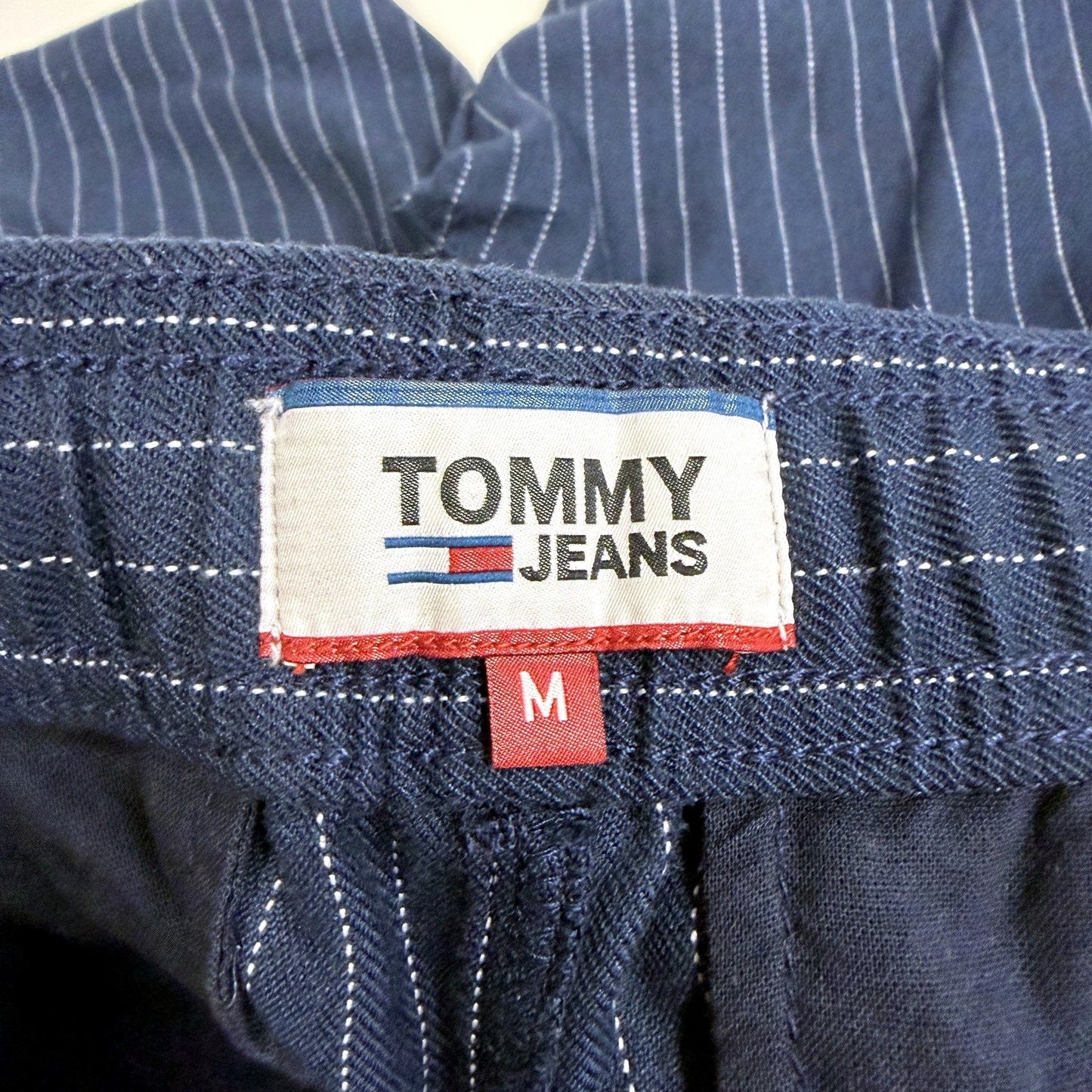Tommy Jeans Mens Navy Blue Pinstriped Cotton Pants, Size M