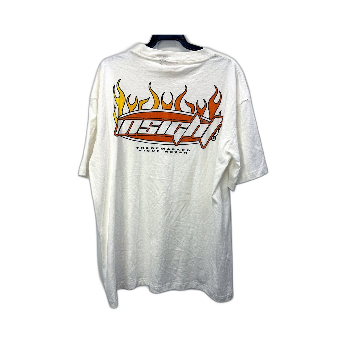 Insight Mens Graphic T-Shirt with Flame Design, White Cotton Tee, Size L NEW