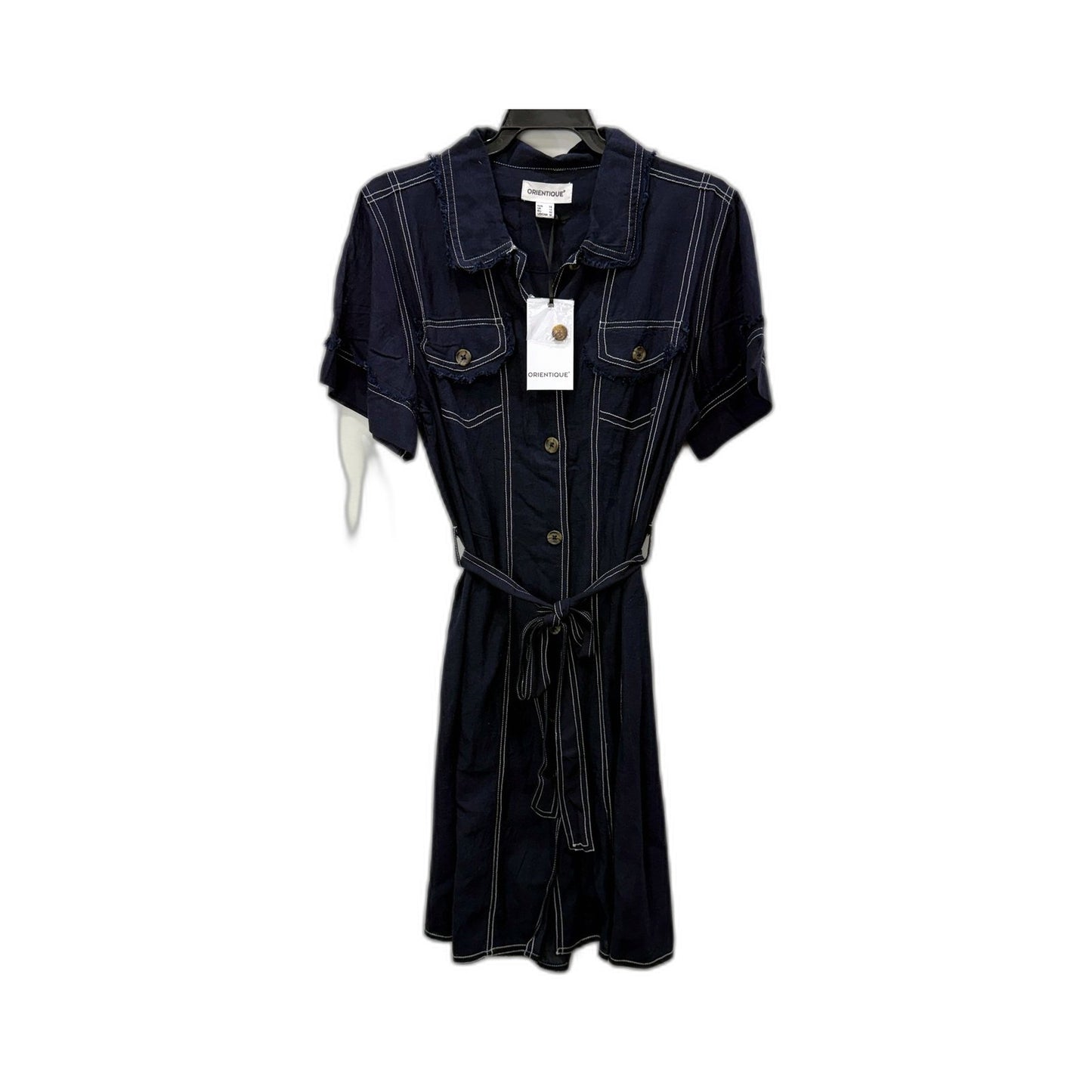 Orientique Womens Linen Button Dress in Navy - Casual Feminine Style Size 14 NEW