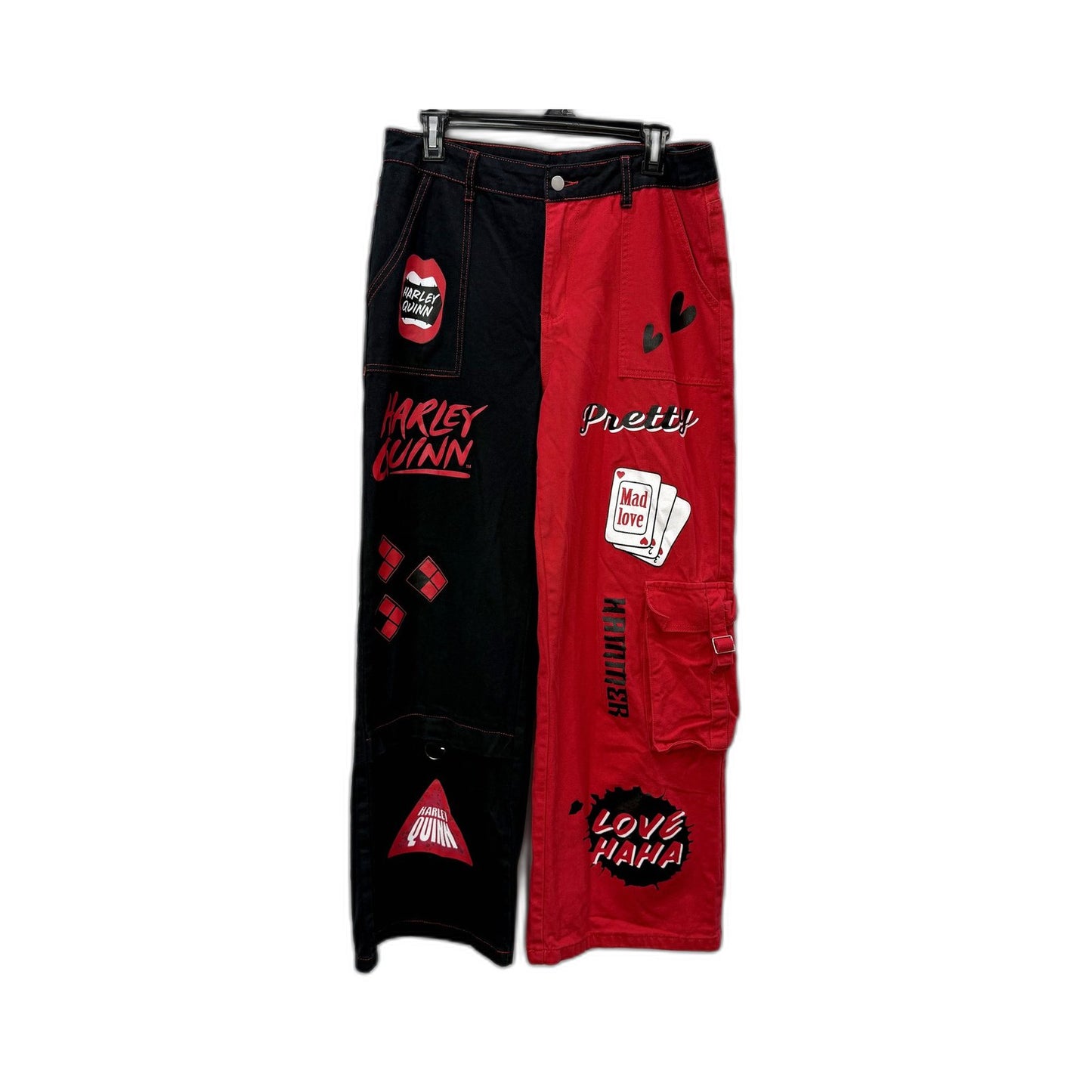 Romwe Womens Loose Straight Harley Quinn Denim Pants Black, Red Size L 14-16