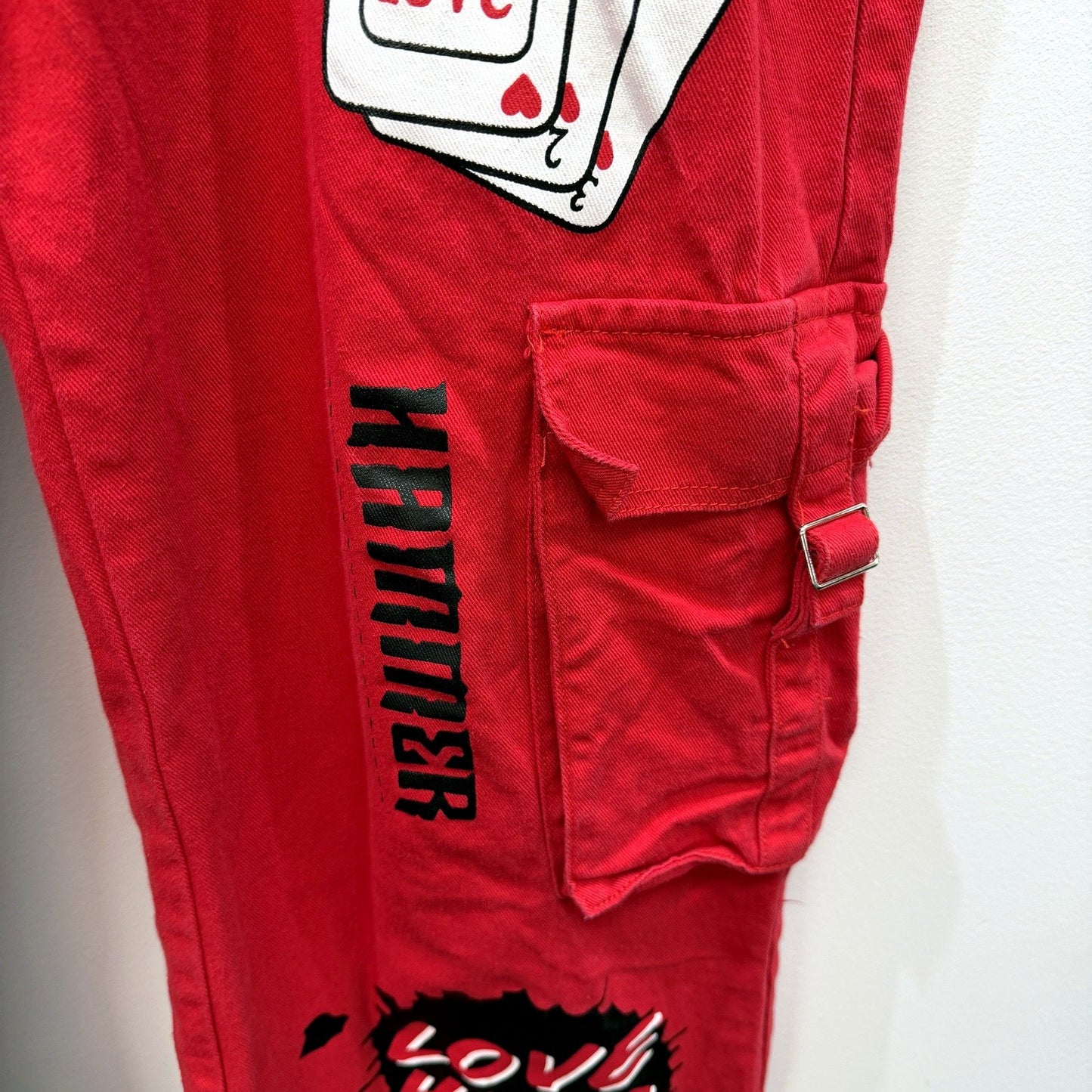 Romwe Womens Loose Straight Harley Quinn Denim Pants Black, Red Size L 14-16