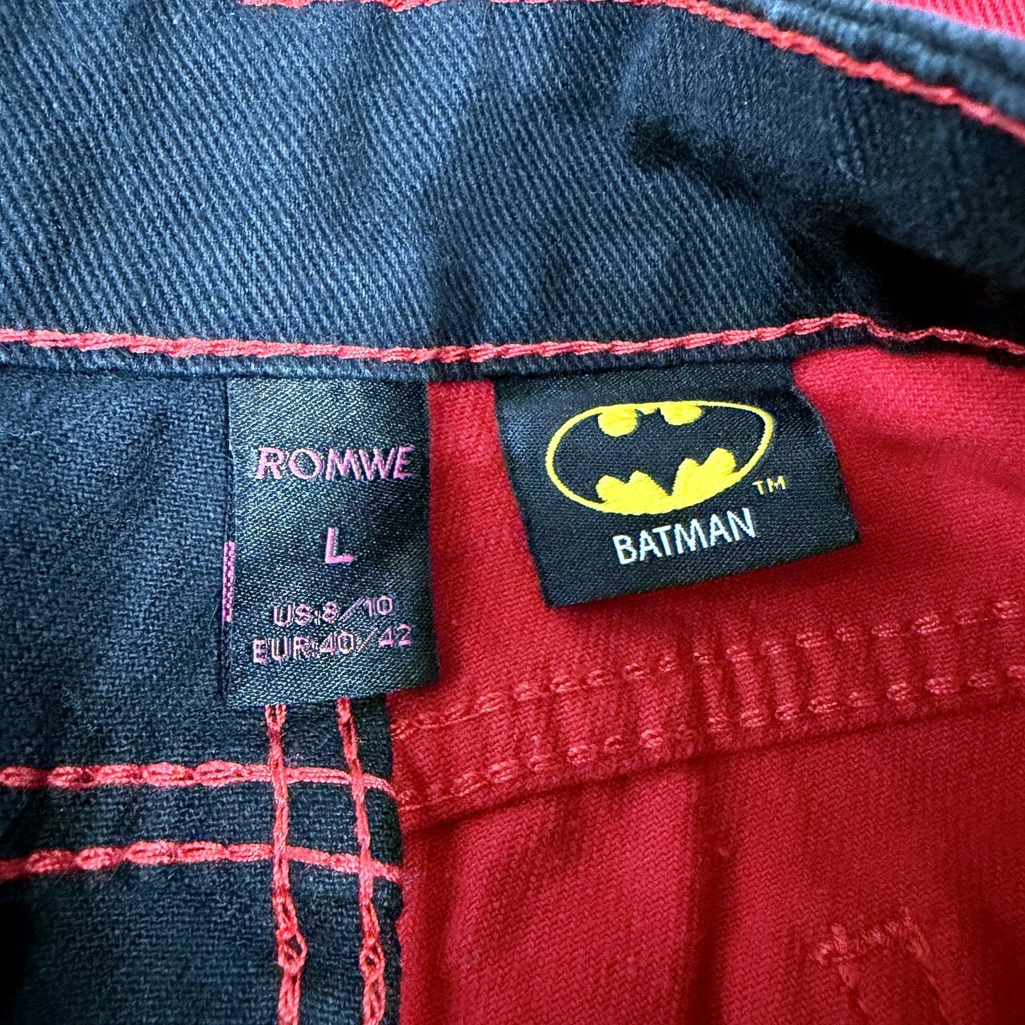 Romwe Womens Loose Straight Harley Quinn Denim Pants Black, Red Size L 14-16