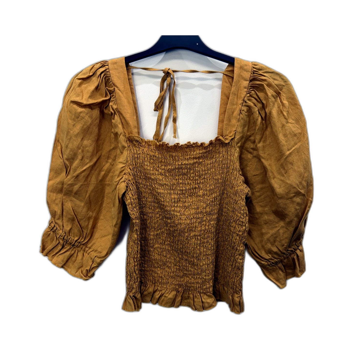 Sass Womens Cropped Elastic Blouse with Puff Sleeves in Mustard Size 12