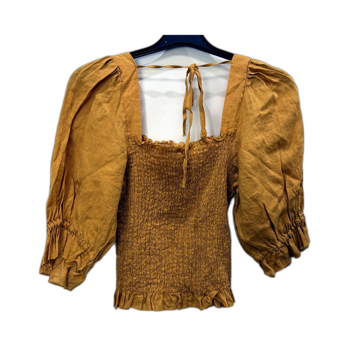 Sass Womens Cropped Elastic Blouse with Puff Sleeves in Mustard Size 12