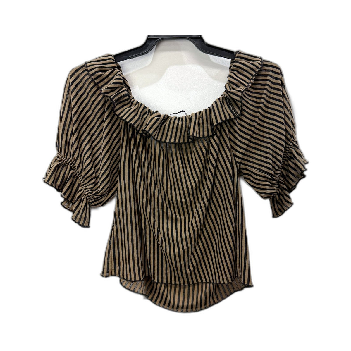 Zara Womens Striped Ruffle Puff Sleeve Blouse in Beige and Black, Size L