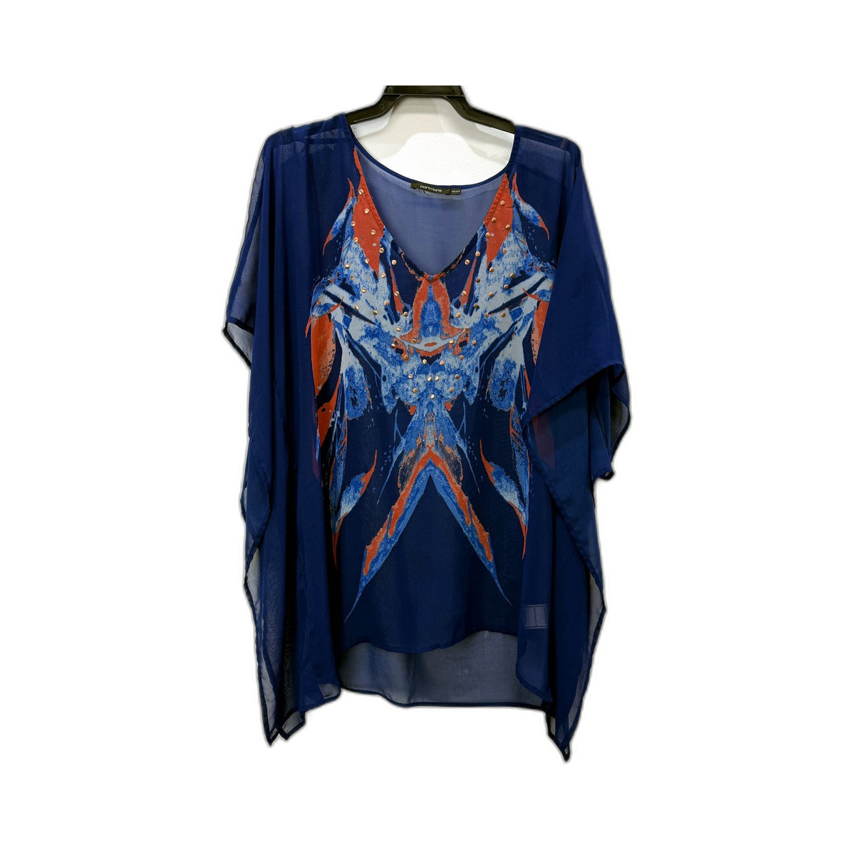 Portmans Womens Poncho Blouse Mesh Top in Navy Blue & Orange, XS/S NEW