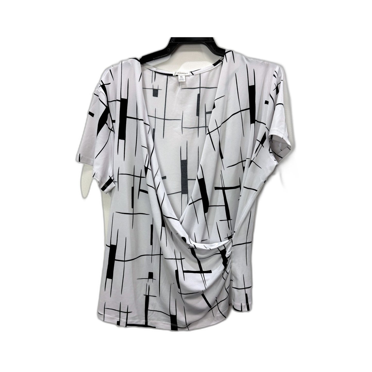 Liz Jordan Womens Loose Cross Layered Blouse White with Black Geometric Print