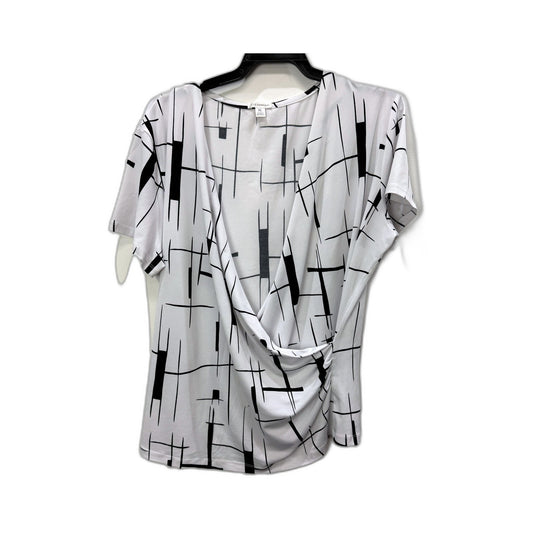 Liz Jordan Womens Loose Cross Layered Blouse White with Black Geometric Print