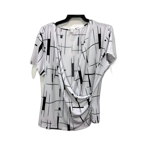 Liz Jordan Womens Loose Cross Layered Blouse White with Black Geometric Print