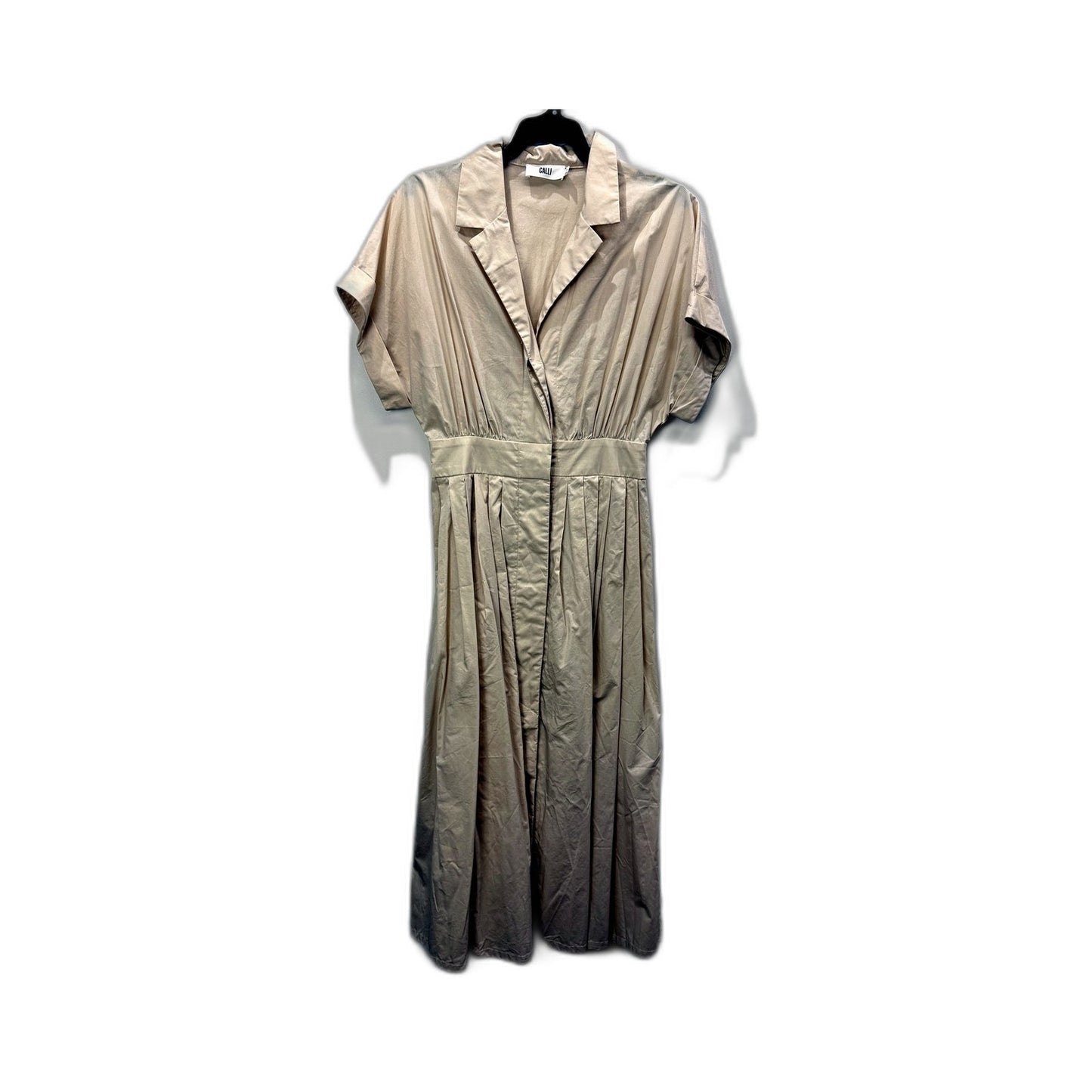 Calli Womens Pleated Dress Short Sleeve Button Front Casual Beige Size 8 NEW