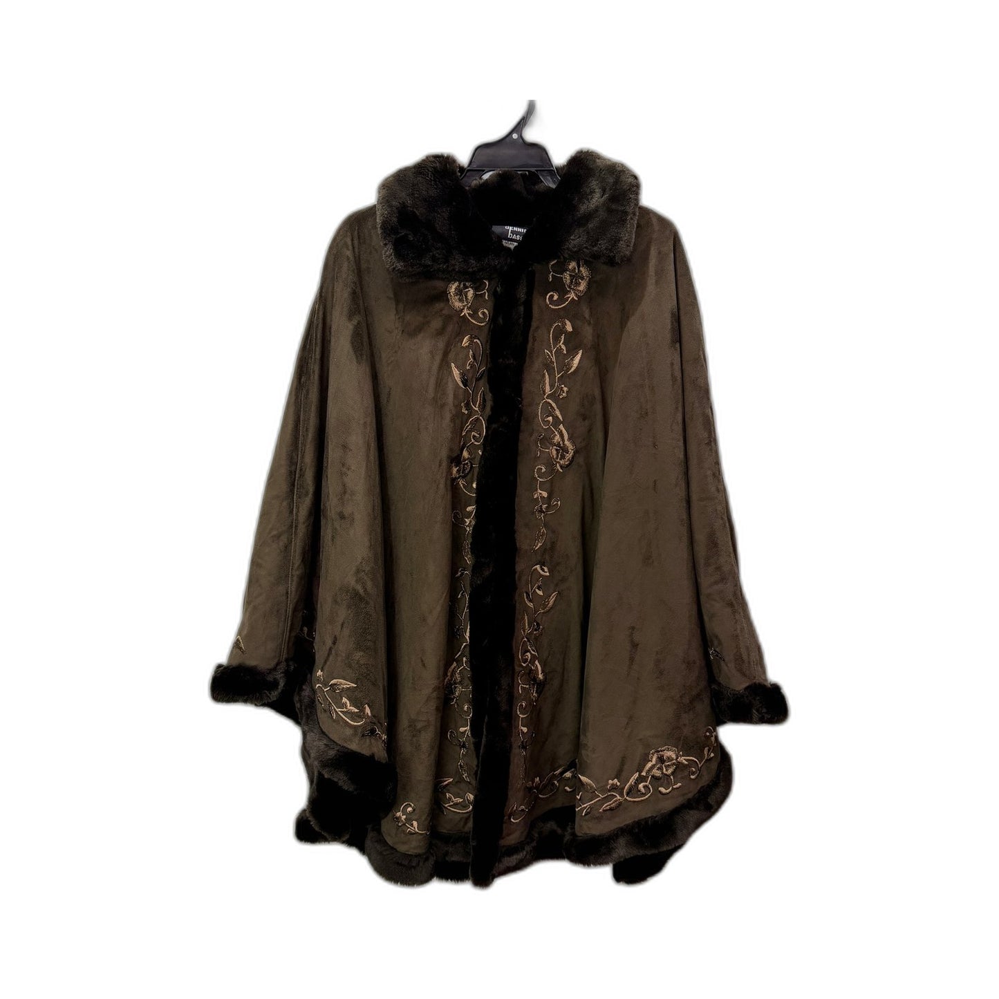 Dennis Basso Womens Faux Fur Poncho Cloak Brown Floral Embroidered Size One