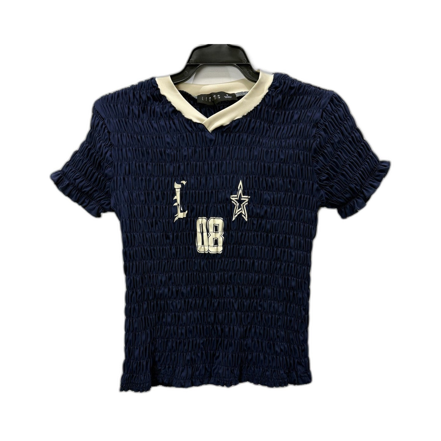 Lioness Womens Scrunched Crop Shirt Navy Blue Ruched Smocked Star Graphic NEW
