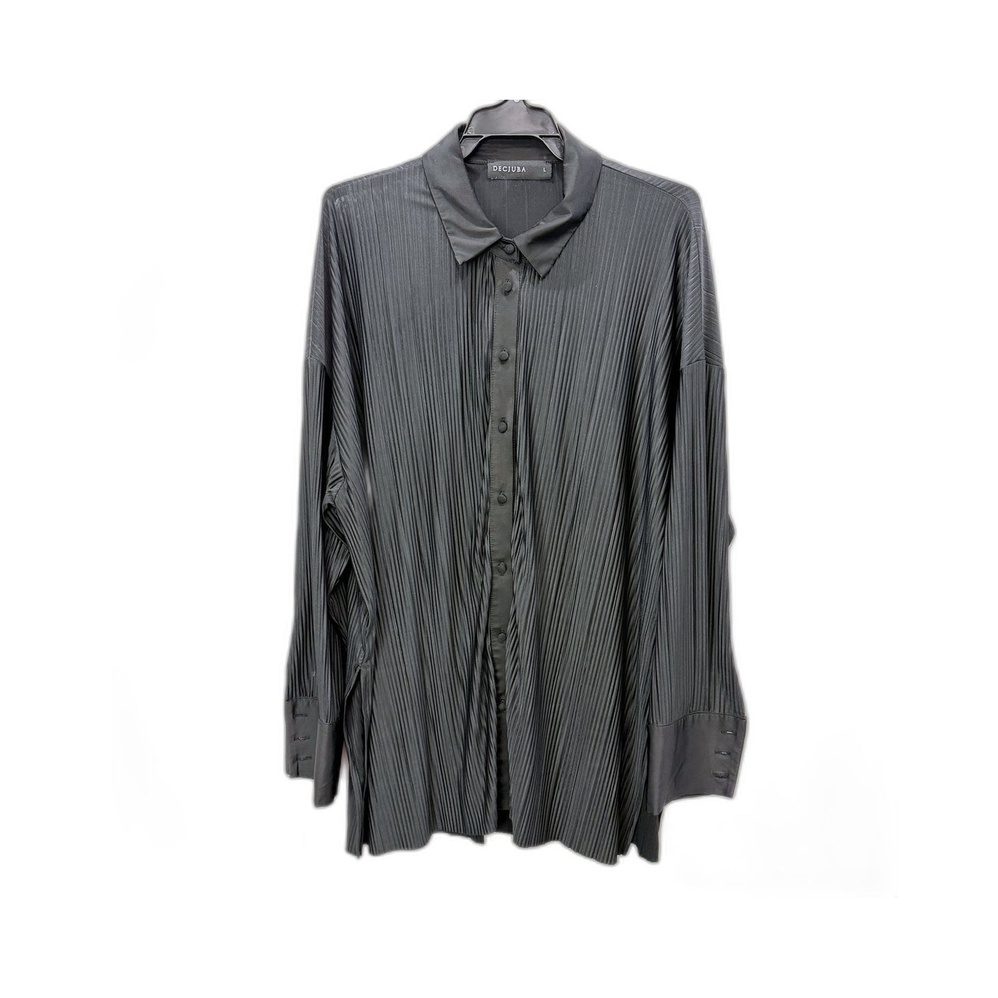 Decjuba Womens Pleated Blouse in Black - Button-Up Dressy Top for Ladies Size L