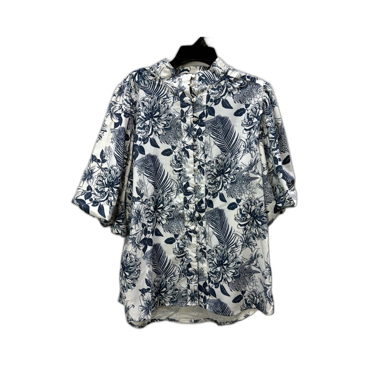 Corraine Womens Button-Down Puff Sleeve Shirt Blue and White Lightweight Sz 12