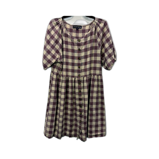 Princess Womens Checkered Linen Dress Puff Sleeve Button Front Purple Beige